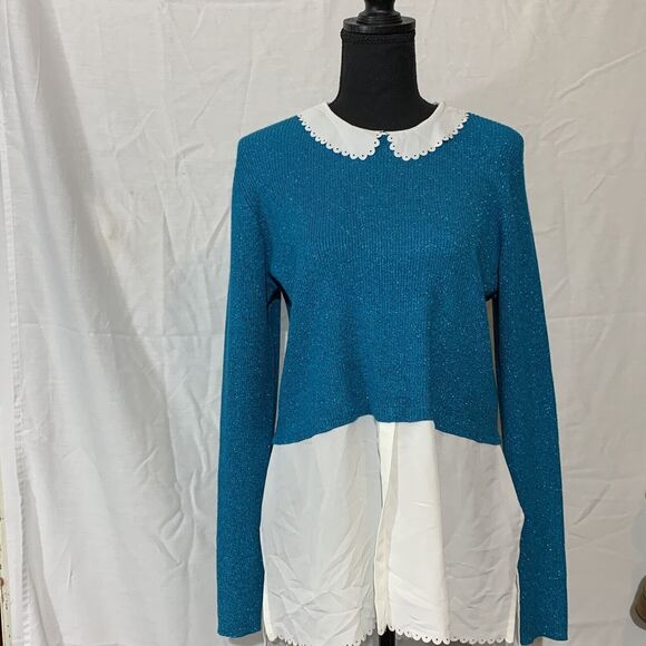 Elle NWT Faux Layered Sweater Blue White Womens Medium Sparkly Collared - Picture 1 of 5